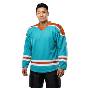 Custom Printed Men's Turquoise Orange <b>White</b> Ice Hockey Jersey V-Neck Full Sleeve Heart Pattern Quick Dry Polyester Mesh Sport - Product Image 1