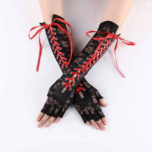 Guantes Sexys de Encaje Floral para <span class=keywords><strong>Mujer</strong></span>, Medios Dedos, Largos hasta el Codo, con Cordones, Estilo Steampunk, para Disfraces de Fiesta, Calentadores de Brazos, Mitones Sexys con Cinta para Club - Product Image 4