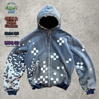 Sweat à capuche zippé personnalisé épais vintage délavé à l'acide, avec motif graphique pixelisé effet vieilli, style streetwear Y2K pour homme, coupe oversize
