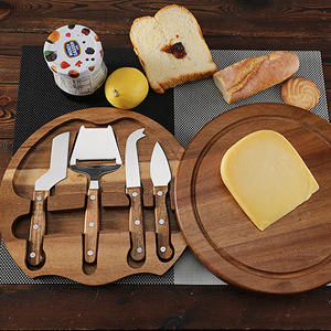 Plato giratorio redondo para servir, tabla de quesos y juego de cuchillos, corte de madera, cuchillos de acero inoxidable, juego de tabla de charcutería de pan y frutas - Product Image 3