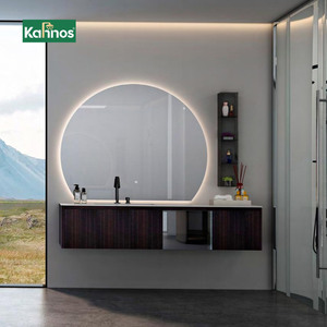 Meubles-lavabos muraux élégants avec miroir LED rond à intensité variable et compartiment latéral en verre ouvert - Product Image 1