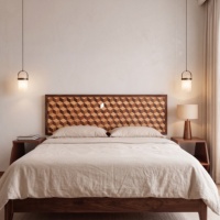 Juego de Muebles de Dormitorio de Lujo de Madera Maciza China de Estilo Mid-Century con Diseño Geométrico, Cama King Size de Alta Gama