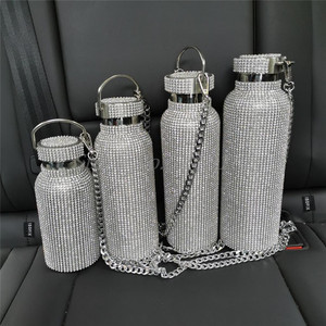 Botellas de agua de acero inoxidable con cadena para bebidas, botellas de agua de cristal brillante de Color negro arcoíris de lujo de diseñador con diamantes de imitación - Product Image 2