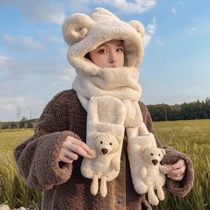 Ensemble bonnet, écharpe et gants en polaire pour femme Ni Xuan, hiver, épais, pelucheux, chaud, trois pièces, motif ours, taille adulte 54-56 cm - Product Image 5