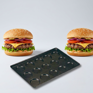 ATLAS STAR Bandejas de Aluminio Reutilizables para Panecillos de Hamburguesa Negros, Molde para Panadería de 4 Pulgadas con 15 Cavidades, 675x435mm - Product Image 1