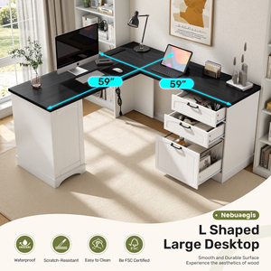 L-Shaped Office <b>Desk</b> with USB Charging Large <b>Computer</b> <b>Desk</b> with Drawers & File Cabinet for Home & Office - Product Image 5