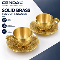 Ensemble de tasses et soucoupes à thé en laiton massif de luxe, design floral gravé vintage doré, pour la maison, l'hôtel, le thé de l'après-midi, cadeaux
