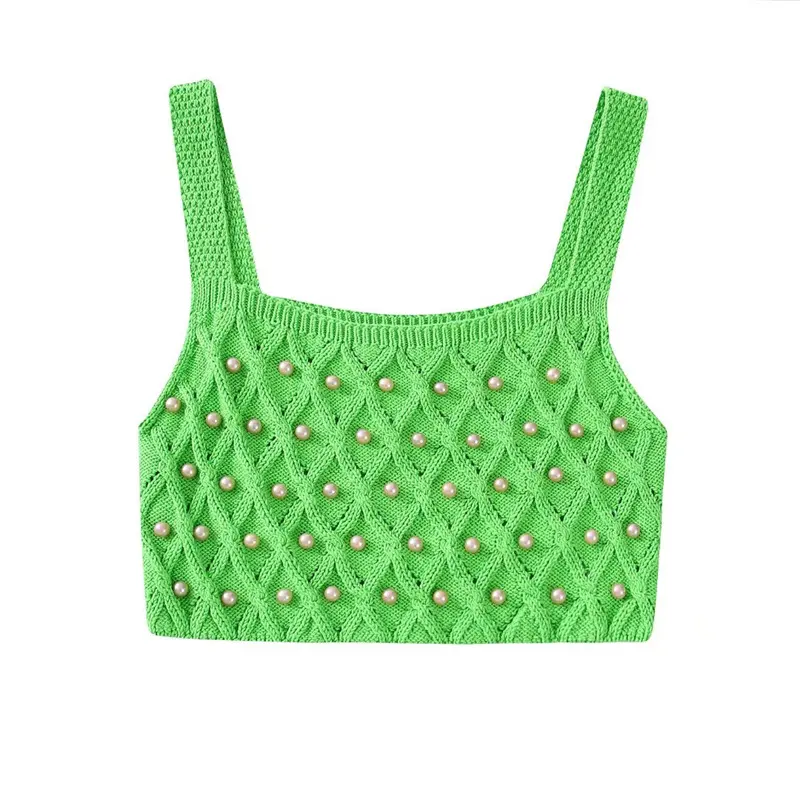 PB & ZA2023 Candy Green Cute Design Summer women's Knitted Beaded Navel Vest Sling Short Top