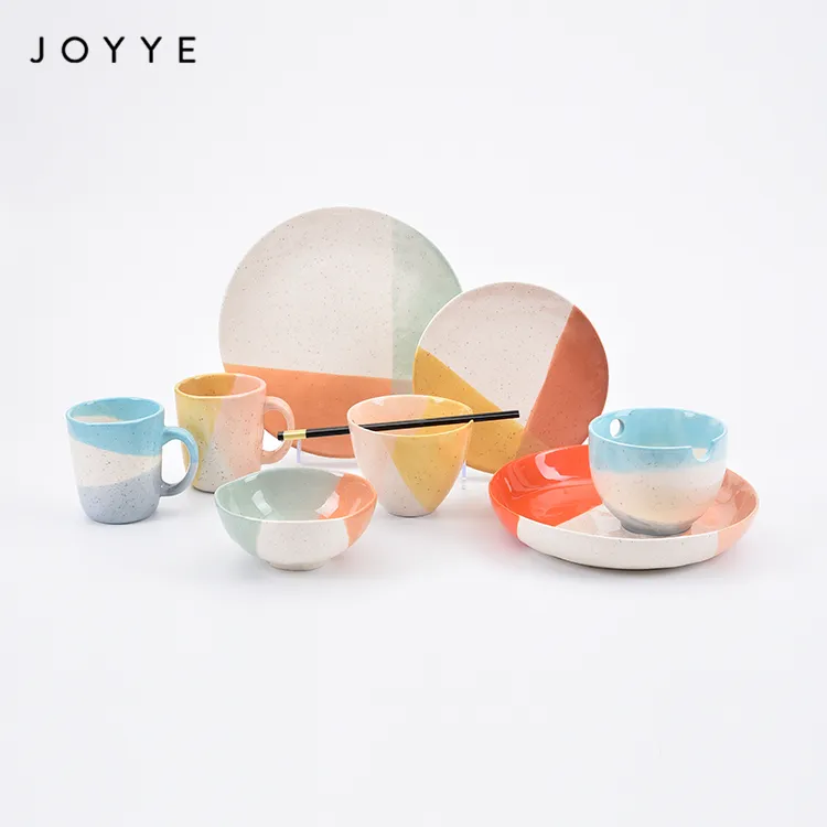 Joyye不規則な形の光沢のある釉薬食器手作りセラミックスナックボウル、食器釉薬ボウルプレートカップセット