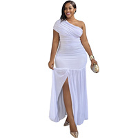Robe longue asymétrique froncée grande taille L-5XL pour femme, avec fente en maille, élégante pour soirée, mariage ou événement formel