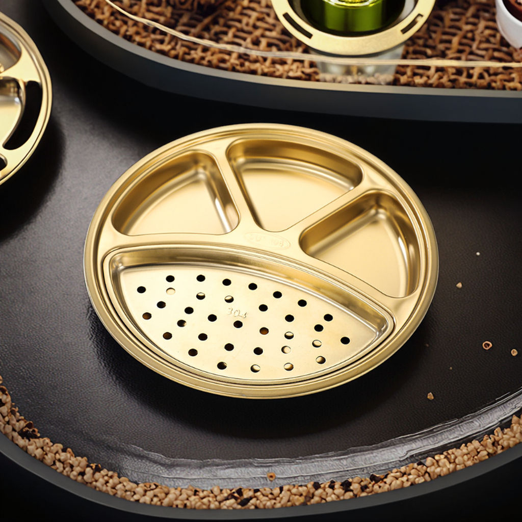 [304 เงิน] จานอาหารค่ำบาร์บีคิวสี่ช่องสี่เหลี่ยม