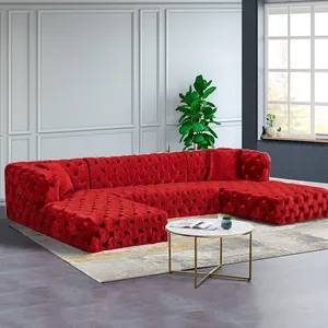 Groothandel Moderne Luxe Woonkamer Meubels L Vorm Banken Knop Rood Fluwelen Getuft U-vorm Sectionele Sofa Set Met Twee chaise