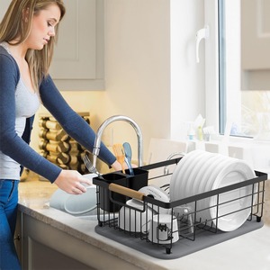 Dish Drainer With Wooden Handle And Tray L Size Square Shape For <b>Kitchen</b> Sink Countertop Dish <b>Storage</b> Drying Rack - Product Image 2