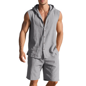 <span class=keywords><strong>Ensemble</strong></span> deux pièces décontracté d'été pour hommes, style européen/américain, avec <span class=keywords><strong>short</strong></span> <span class=keywords><strong>et</strong></span> <span class=keywords><strong>chemise</strong></span> sans manches à capuche, orné de strass - Product Image 5