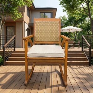 Fauteuil à bascule moderne en bois d'acacia de qualité supérieure, dossier en rotin KD, coussin en polyester imperméable pour jardin, cour, chambre, extérieur - Product Image 1