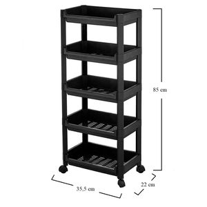 Chariot de rangement étroit noir à 5 étagères avec roulettes 35,5x22x85 cm, organisateur gain de place pour cuisine, salle de bain, chambre - Product Image 2