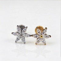 Bijoux de cartilage d'oreille en titane ASTM F136 16G non fileté avec fleur en hexazirconia et dos plat, vente en gros