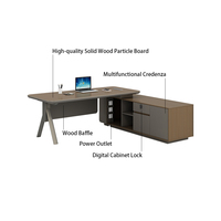 Bureau de direction moderne avec armoire de rangement latérale, tiroirs, prise de courant, panneau de dissimulation et poste de travail en bois pour manager
