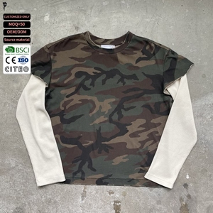เสื้อยืดแขนยาวลายพรางโอเวอร์ไซส์ผู้ชาย สตรีทแวร์ โลโก้แบบกำหนดเอง ผ้าสองชั้น ทอแบบวาฟเฟิล - Product Image 1