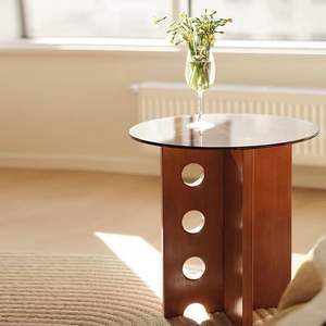 Mesa de Centro de Madera Maciza con Tapa de Vidrio Templado, Redonda, Moderna y Minimalista, Mesa Auxiliar para Sala de Estar - Product Image 4