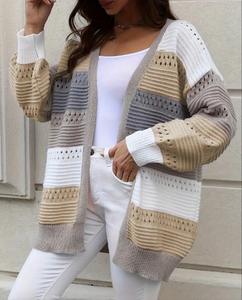 Vente en gros Pull en tricot décontracté à col en V pour femmes Pull à manches longues rayé respirant Logo avant Automne Polyester/Coton 300g - Product Image 3