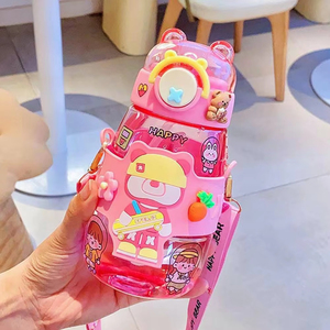 Large 600ml Kids Water <b>Bottles</b> with Straw Cute Cartoon Character Rope for School <b>Travel</b> Student Girls' - Product Image 3