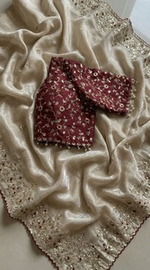 Sari de Satén de Diseño Fandy con Bordado de Lentejuelas de 3mm, Blusa con Costuras Completas en Contraste para Mujer, Ideal para Fiestas y Eventos Tradicionales - Product Image 2