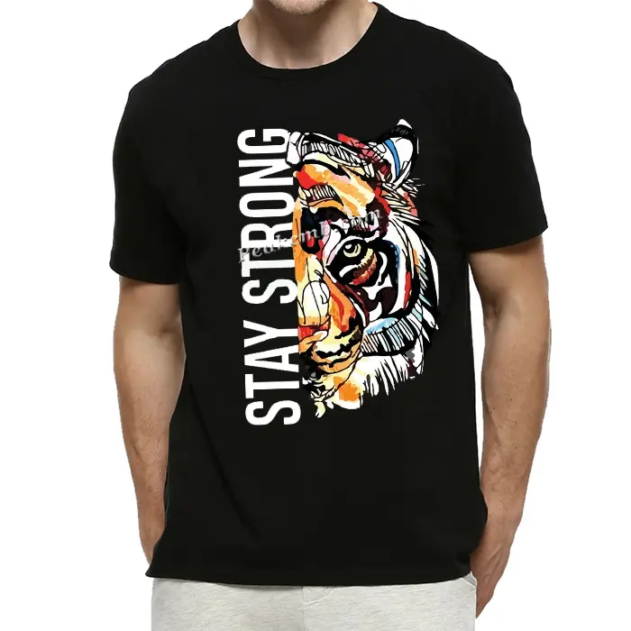 Custom brand label stay strong tiger design printing transfer mens clothing round neck graphic in stock men t shirts