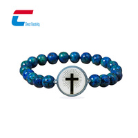 Bracelet NFC perlé avec breloque croix programmable pour le partage de versets bibliques, cadeau d'église, bijoux chrétiens