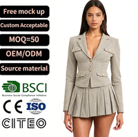Ensemble deux pièces à carreaux gris pour femmes, blazer à col cranté, jupe mini plissée, costume vintage, tenue de bureau élégante pour l'automne