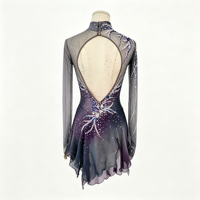 Robe de patinage artistique asymétrique à col en maille dégradé gris-violet, manches longues, dos ouvert, ornée de strass bleus et argentés, pour danse sur glace