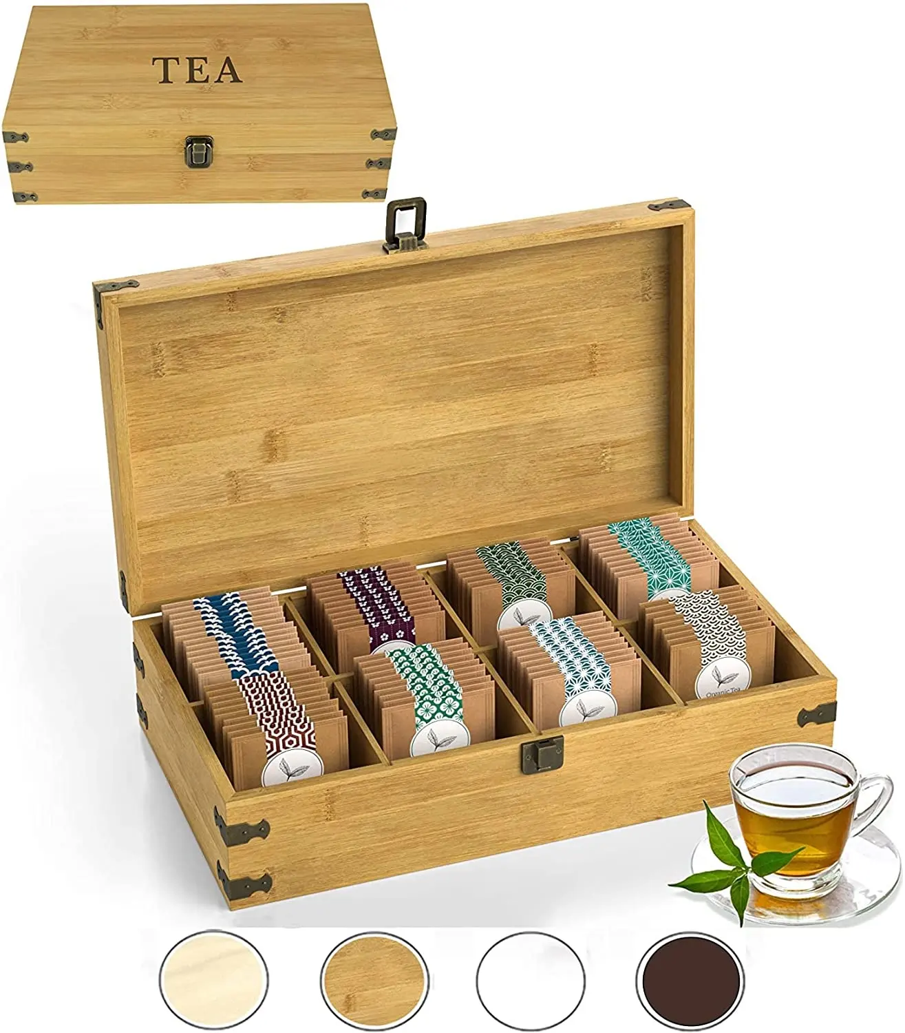 कस्टम डिजाइन लोगो मुद्रित हस्तनिर्मित 8 डिब्बे प्राकृतिक चाय भंडारण आयोजक लकड़ी और बांस चाय बक्से