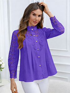 Plus Size Elegant Casual Colorful Lace O-Neck Full Sleeve Solid Autumn/Spring Women's <b>Blouse</b> - Product Image 5