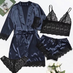 Ensemble de peignoirs en satin pour femmes avec bordure en dentelle, 4 pièces, vêtements de nuit rose et noir, style romantique pour le printemps - Product Image 5