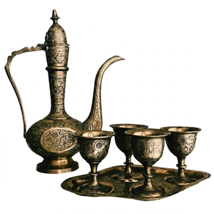Brass <b>Arabic</b> Dallah Coffee Pot <b>Set</b> Engraved Leak Proof Lids <b>Tea</b> Serving Traditional for Home Cafe Restaurant - Product Image 1