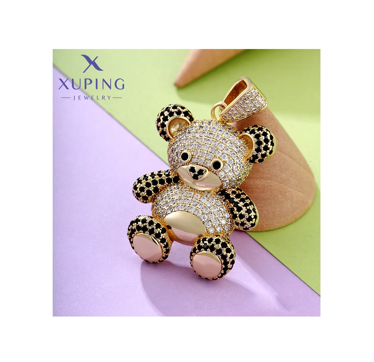 xupingHot new custom 14K gold-plated children adult CZ Cubic zirconia copper hip-hop three-dimensional bear charm pendant