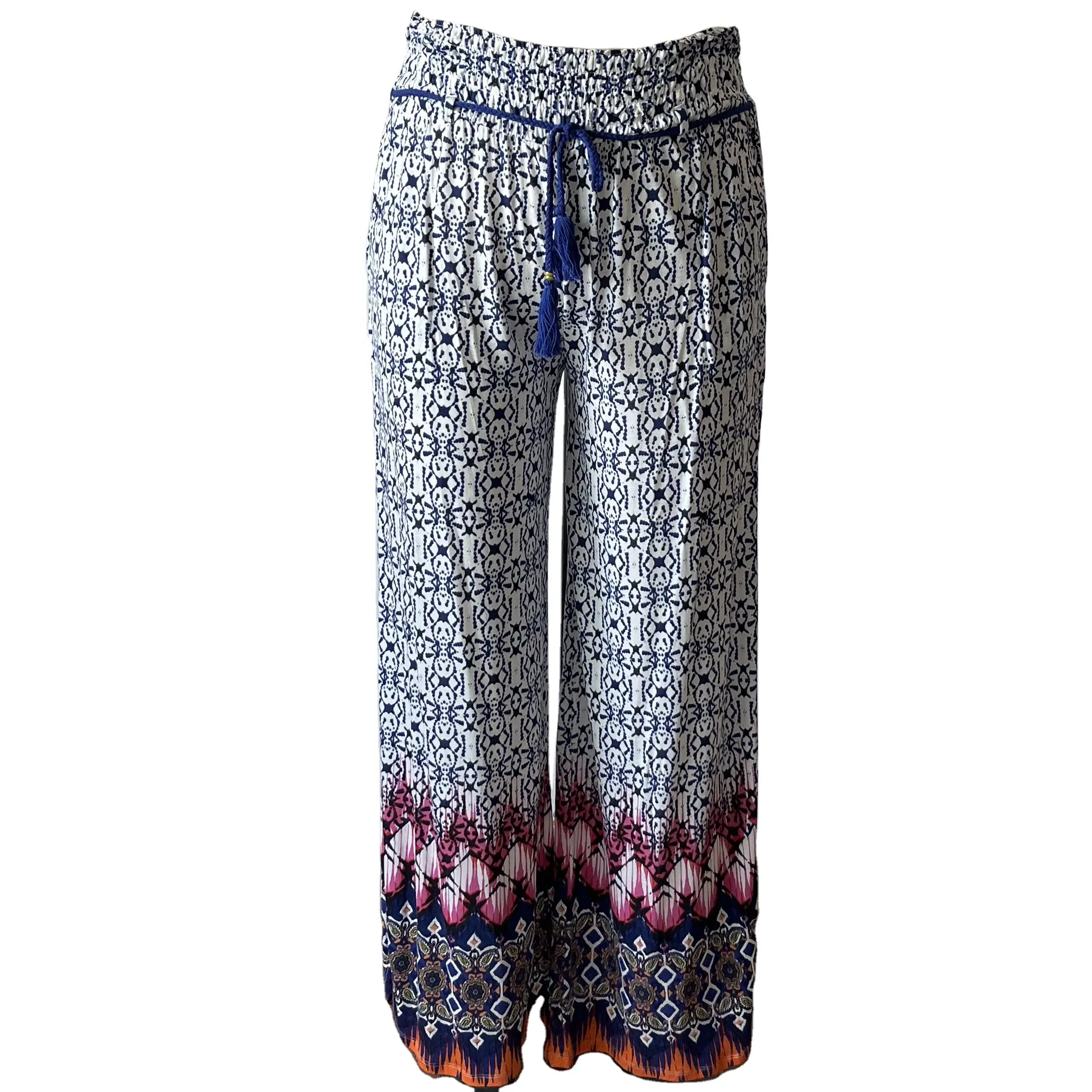 Casual Women's Trousers Floral Printed Pants With Tassel Rope Fashion Placement Print Trousers