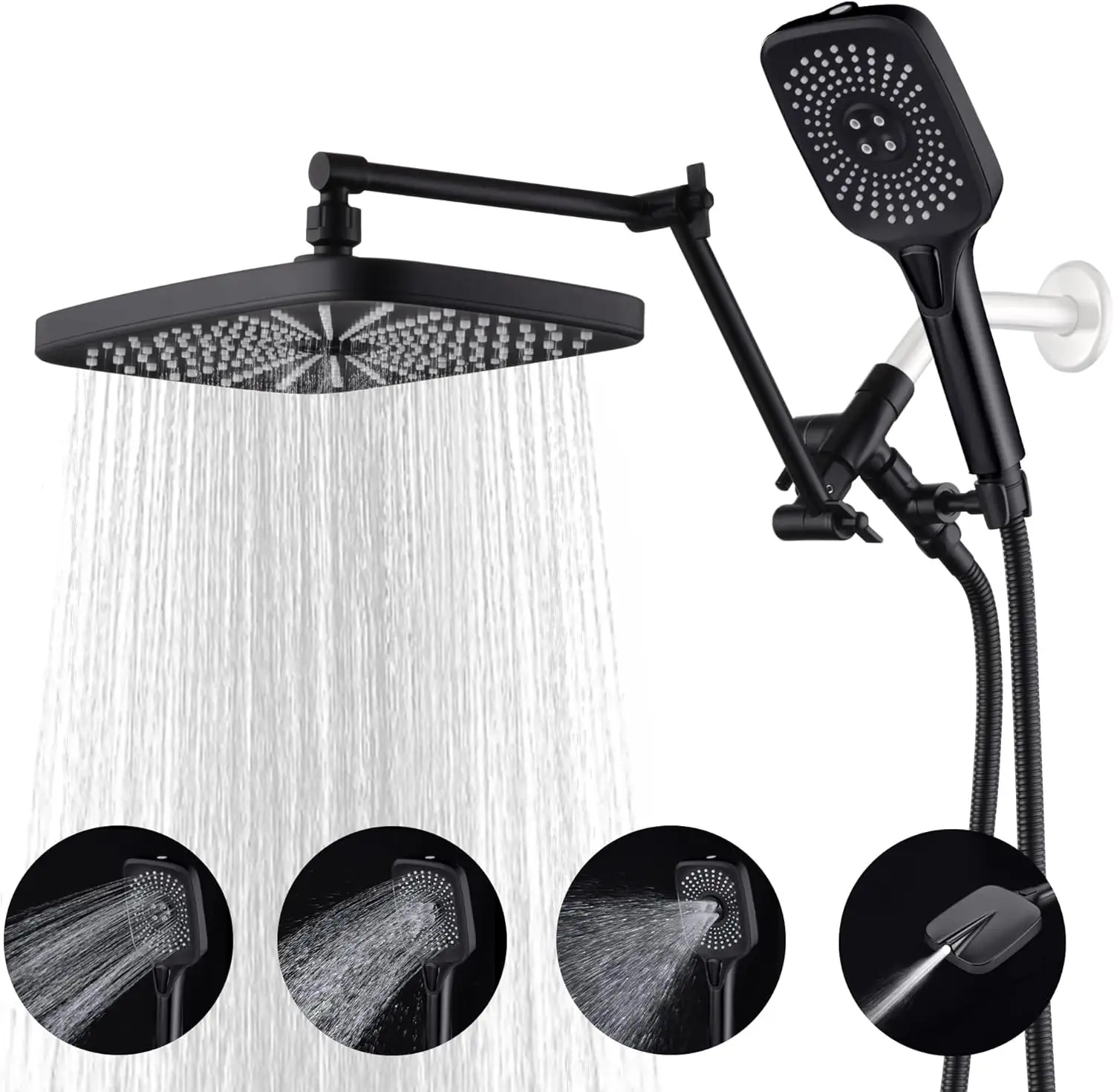 Matte Black High Pressure Rain Shower Head Combo With 2 stage Foldable Extension Arm and 4-Spray Handheld Shower Head