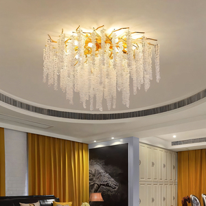 โคมไฟระย้าแบบกึ่งติดเพดานทรงก้านอะลูมิเนียม ประดับพู่แก้วหรูหรา รูปทรงหยดน้ำ ใช้หลอดไฟ G9 เหมาะสำหรับวิลล่า โรงแรม ร้านค้า - Product Image 3