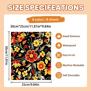 Lot de 8 transferts DTF prêts à poser, motif floral rétro <span class=keywords><strong>rouge</strong></span>, jaune et noir haute opacité pour tissus foncés, transfert DIY pour pulls et jeans - Product Image 3