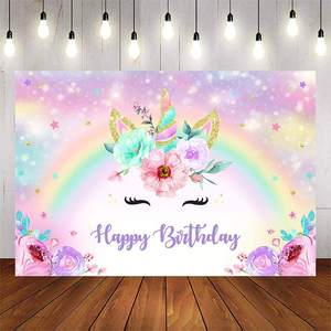 <span class=keywords><strong>Sfondo</strong></span> per Compleanno Unicorno Arcobaleno per Ragazze, Banner Dorato con Fiori Colorati ad Acquerello e Unicorno Glitterato per Torta di Compleanno - Product Image 5