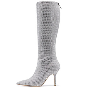 Bottes hautes pour femmes à talon aiguille, confortables, noires, avec fermeture éclair, design personnalisé, entièrement ornées de strass en cristal - Product Image 5