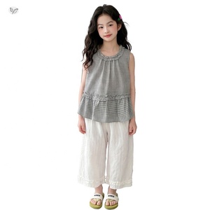 Ropa de Verano para Niñas Grandes, Camisa sin Mangas a Cuadros, Chaleco, Pantalones <span class=keywords><strong>Capri</strong></span> de Pierna Ancha con Encaje para Niñas Mayores - Product Image 5
