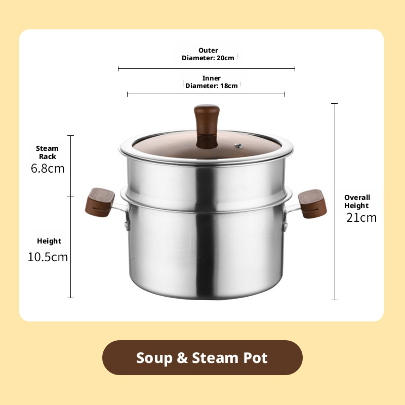 Olla para sopa de acero inoxidable 304 plateado con tapa y rejilla para cocinar al vapor.