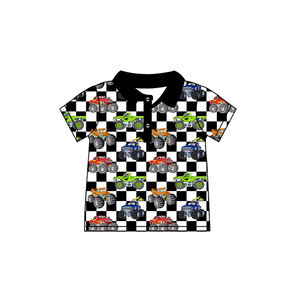 T-shirt bébé garçon à manches courtes, imprimé tracteur à carreaux noir et blanc personnalisé BT1716, vêtements de printemps - Product Image 1