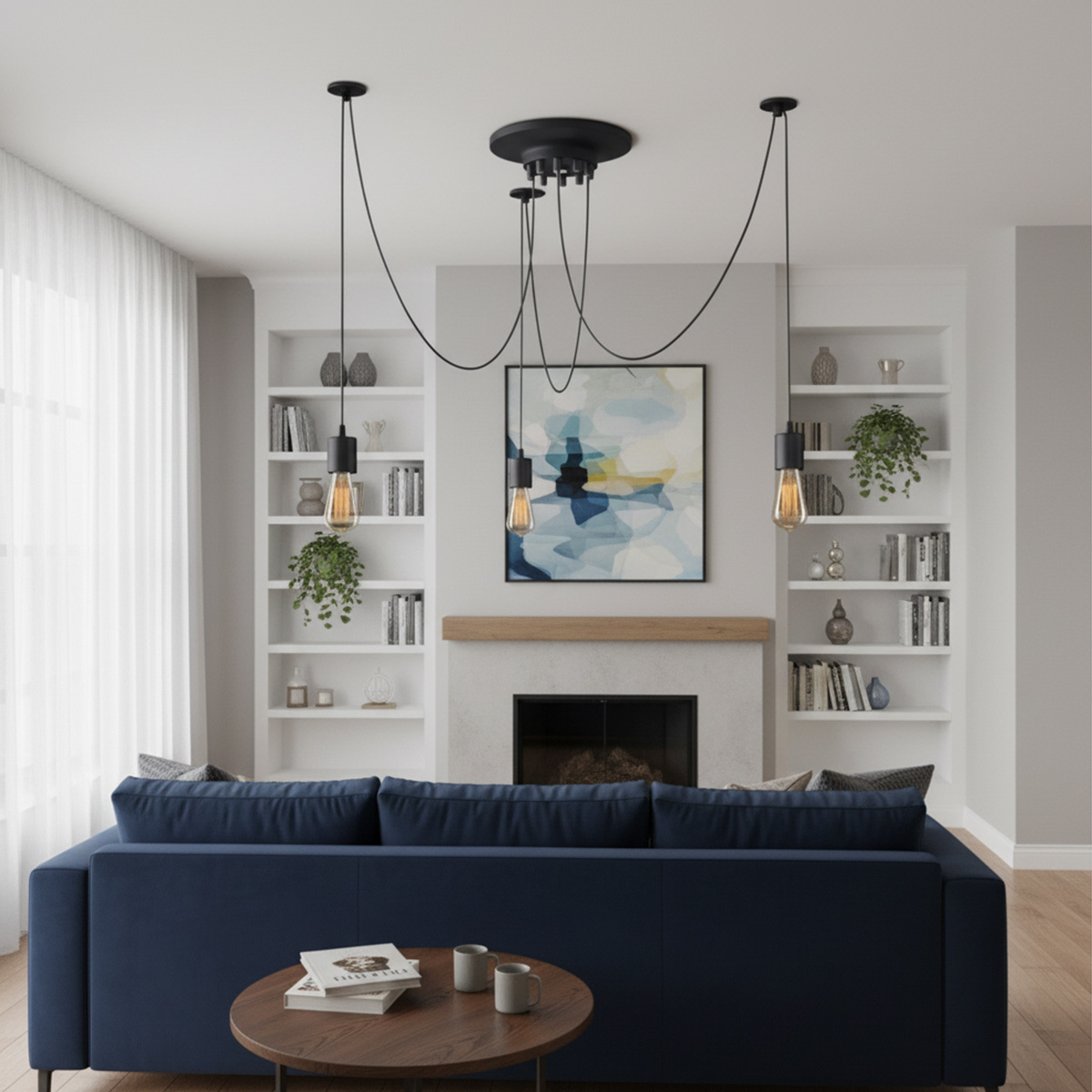 Long Cable Spider Pendant Light Adjustable Black Iron Chandelier for High Ceilings