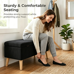 Olive Black Corduroy Storage Ottoman Bench 32 Inch Wide Wooden <b>Legs</b> Flip Top Soft Upholstered End Of Bed - Product Image 4