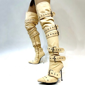 Women Belt Buckles Thigh High Boots Metal High Heels Denim Long <b>Booties</b> Sexy Punk Over Knee Stiletto Shoes - Product Image 5