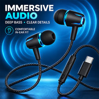 Earbud In-Ear Berkabel Tipe C Headset Stereo Bass Berat Dengan Mikrofon Kabel Terjalin Multi Warna Untuk Ponsel Android Tipe C