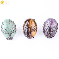 CSJA Fashion Antique Copper Natural Opal Stone Crystal Oval Bead Wire Wrapped Tree of Life Adjustable Rings for Women F391